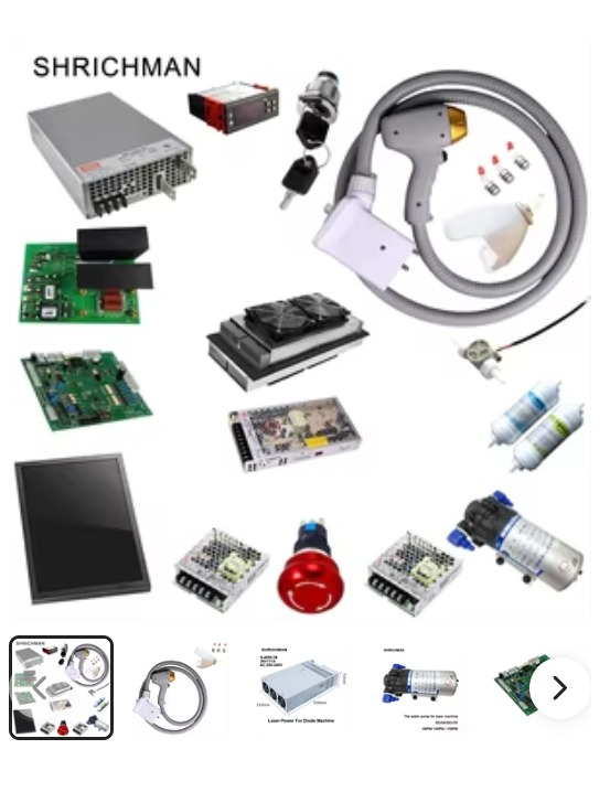 Assorted cosmetic machinery spare parts including power supplies, circuit boards, handpieces and cooling modules