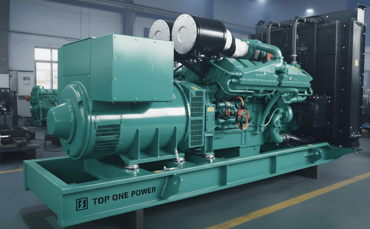 Large industrial diesel generator set on a steel base frame