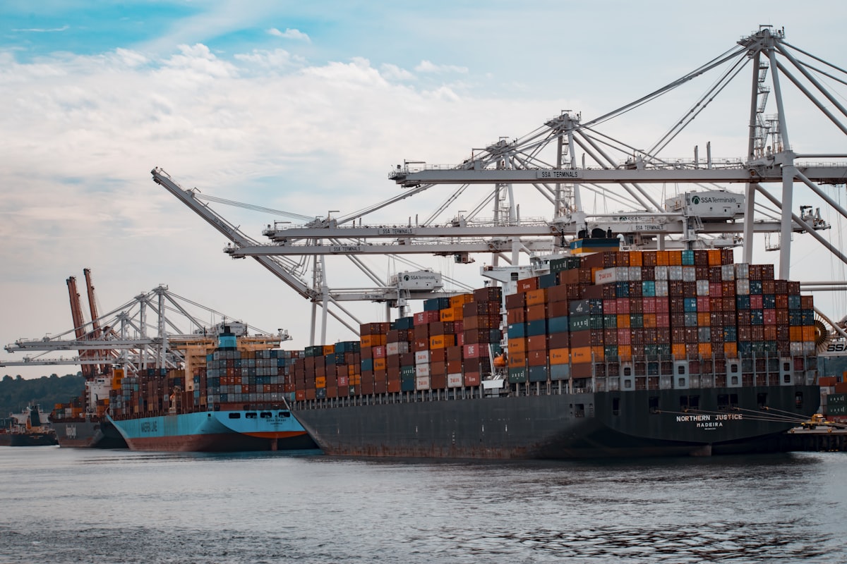 Container ship being loaded at an international port